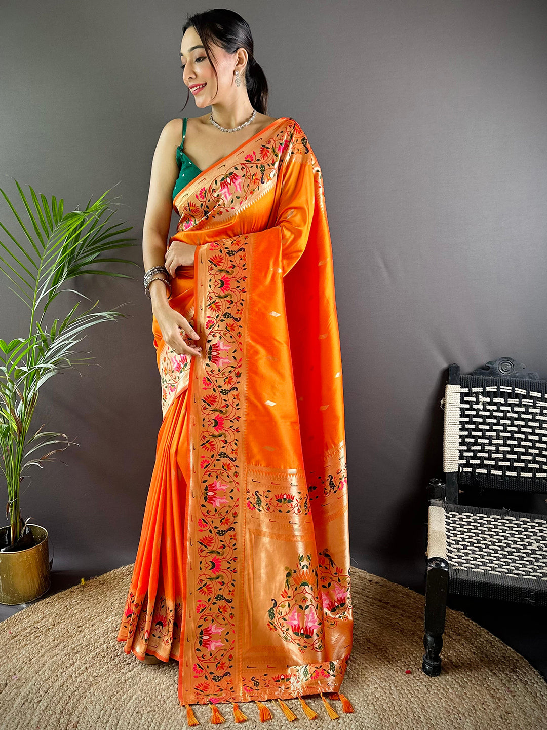 Orange Yevla Paithani Meenakari Saree