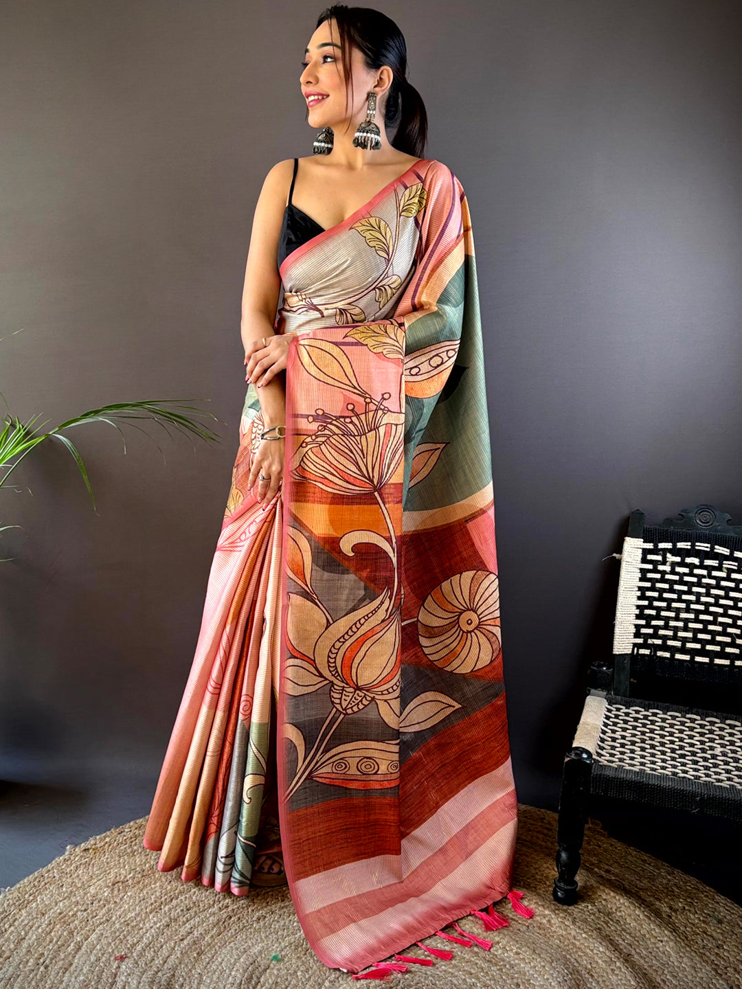 Elegant Rose Pink Zari Tussar Saree with abstract flowers