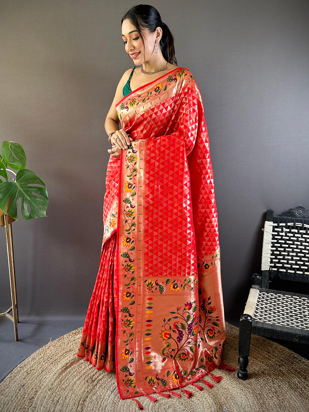 Red Silk Blend Woven Zari Work Paithani Saree