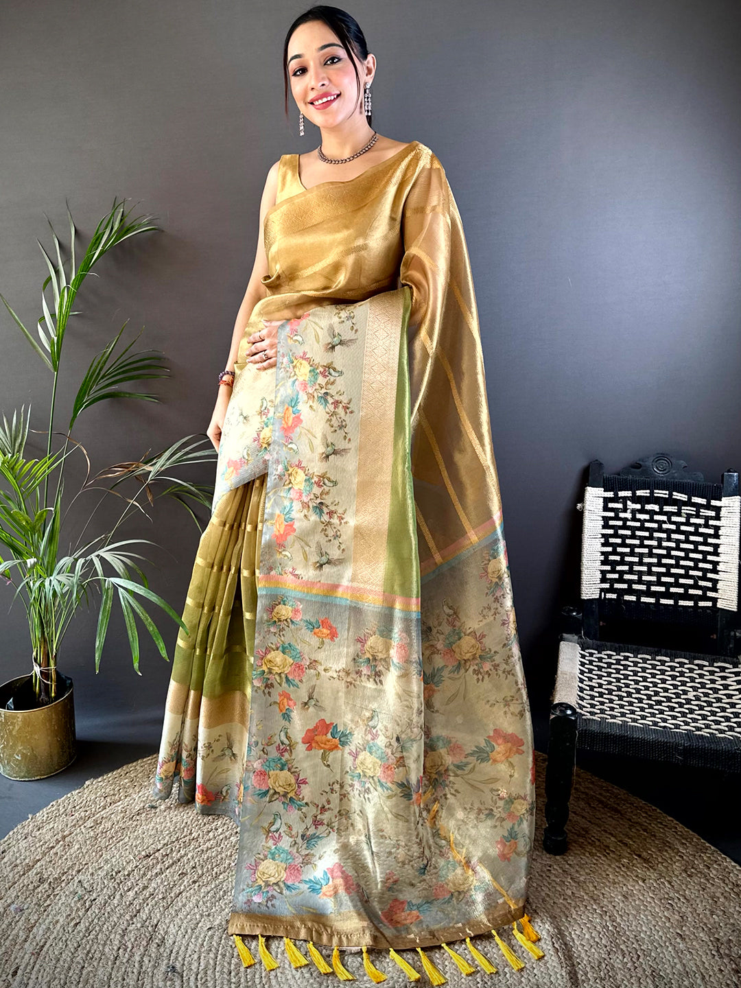 Mustard Ombre Zari Tissue Digital Print Saree