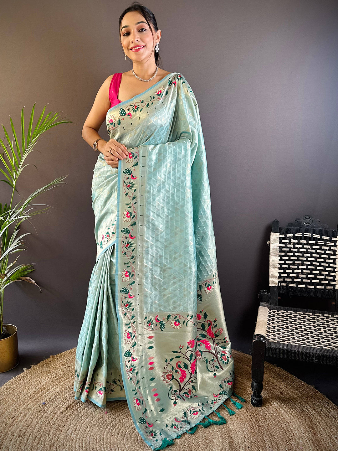 Elegant Sky Blue Paithani Saree with Floral Zari Design