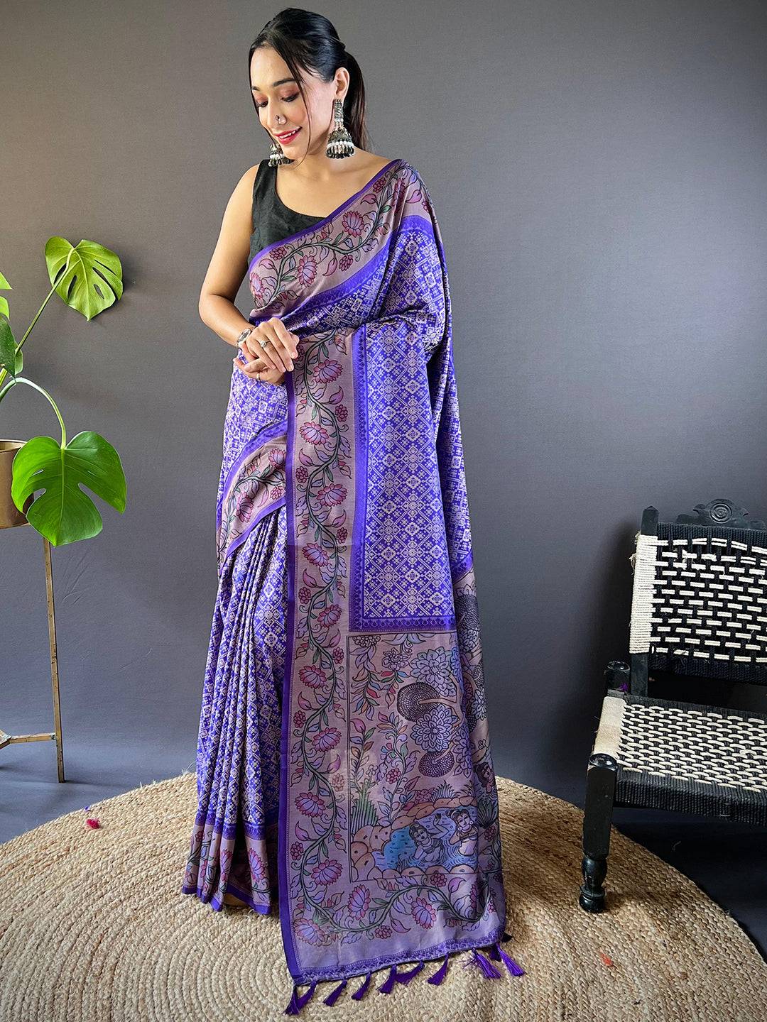 Persian Blue Patola And Kalamkari Fusion Saree