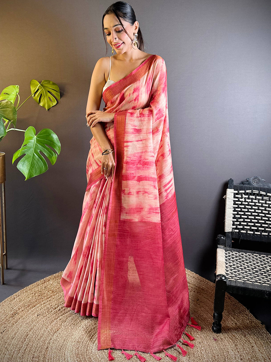 Blush Pink Shibori Print Linen Saree