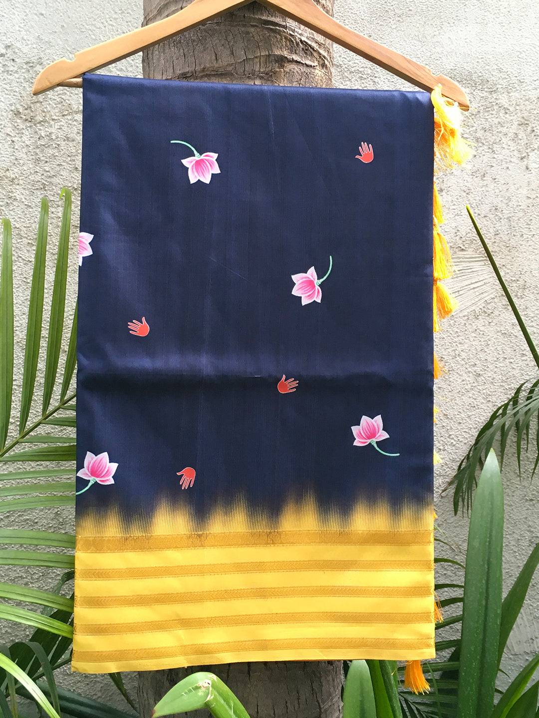 Lotus Print Navy Blue Silk Saree with Yellow Zari Border