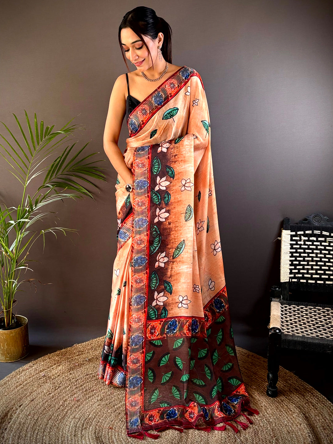 Orange Georgette Pichwai Print Saree