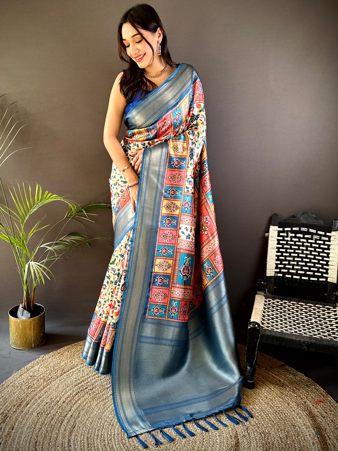 Blue Mughal Kalamkari Print Pashmina Saree