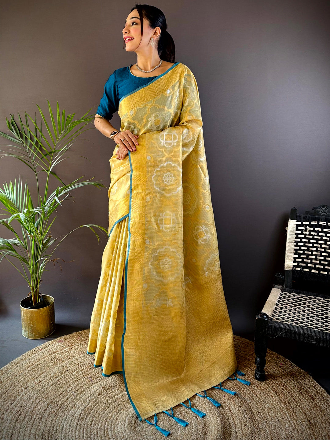 Minakari Floral Saree With Rama Tassels