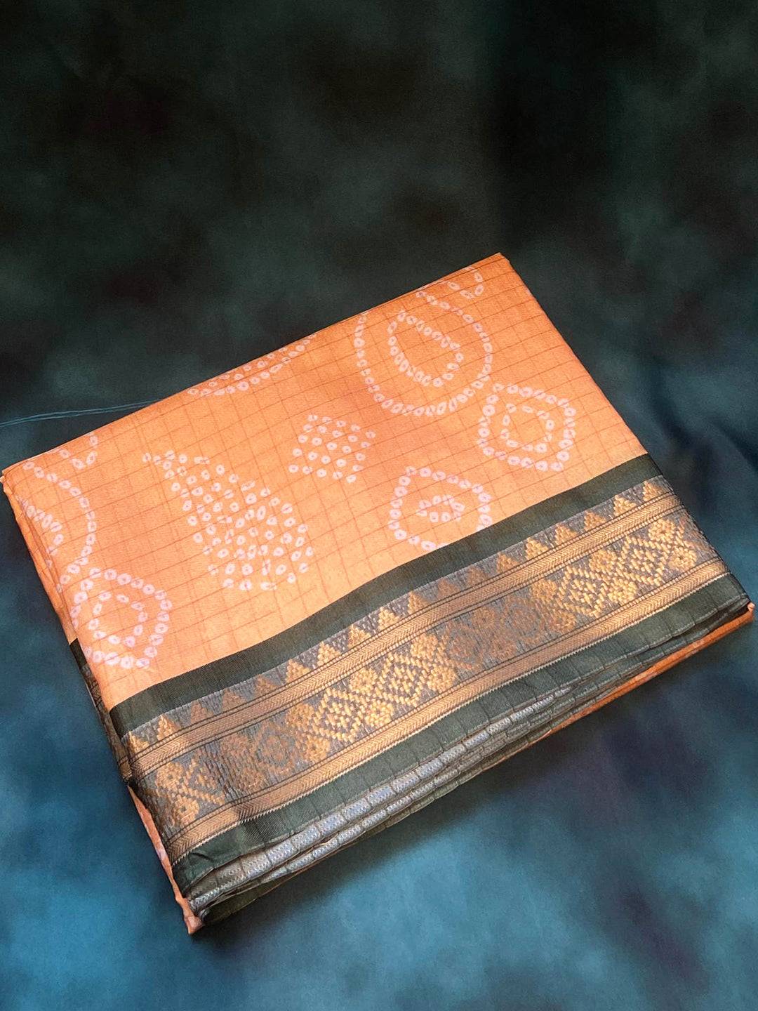 Soft Silk Orange Bandhej Digital Print Saree with Kanjivaaram Border