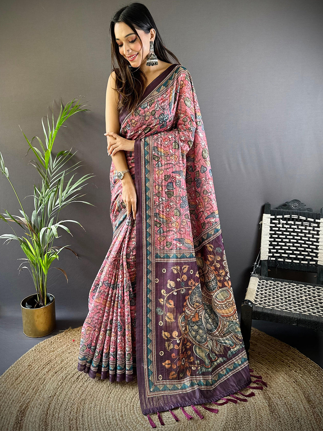 Pink Kalamkari Stripes Chanderi Saree