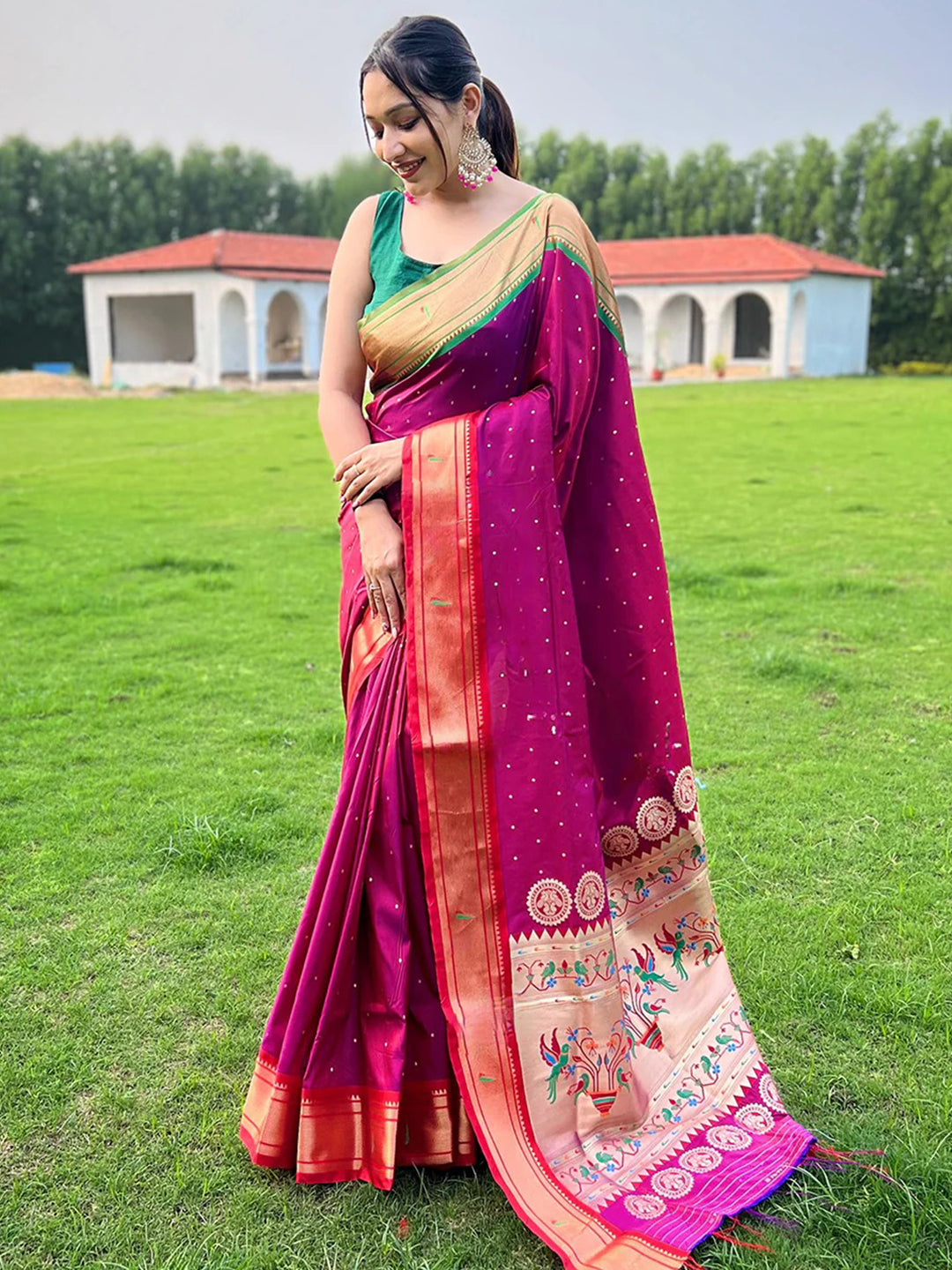 Exquisite Wine Paithani saree showcasing rich pallu details