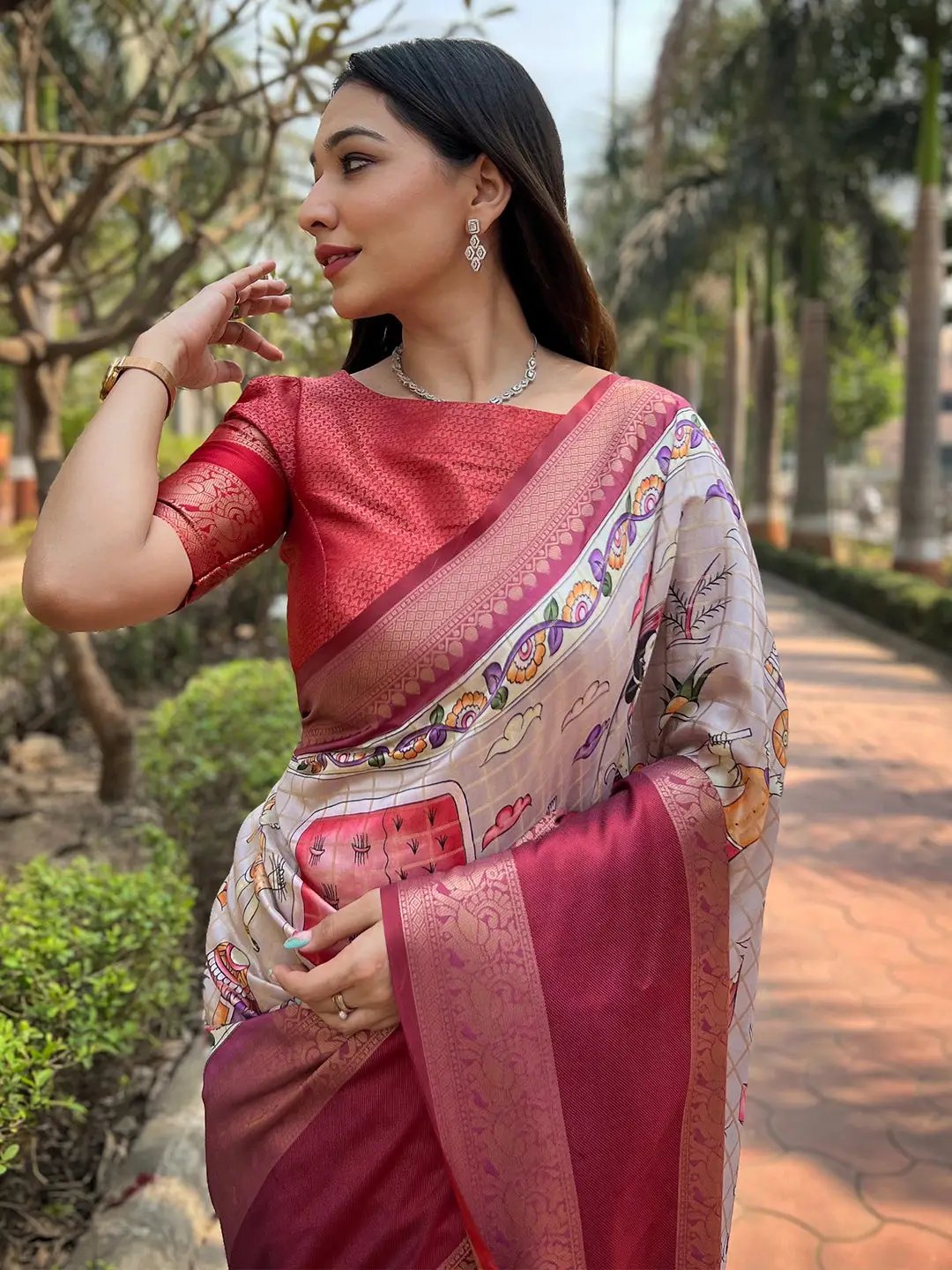 Wine Colour Double Border Chex Weaving Banarasi Silk Saree