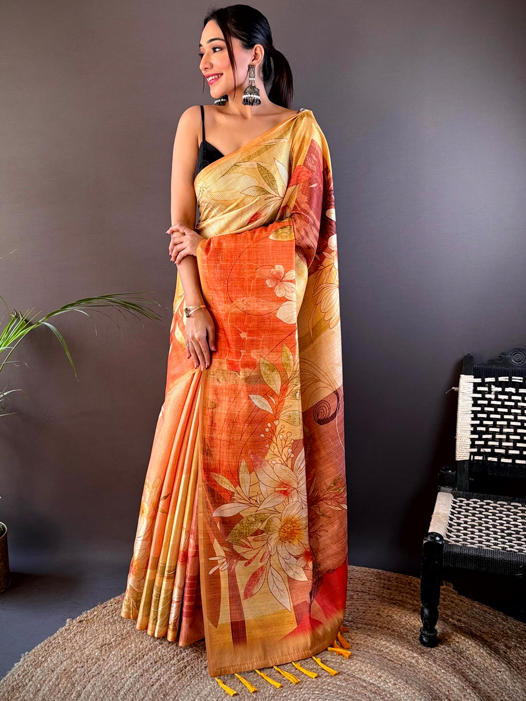 Full view of Golden Yellow Semi Zari Tussar Floral Saree