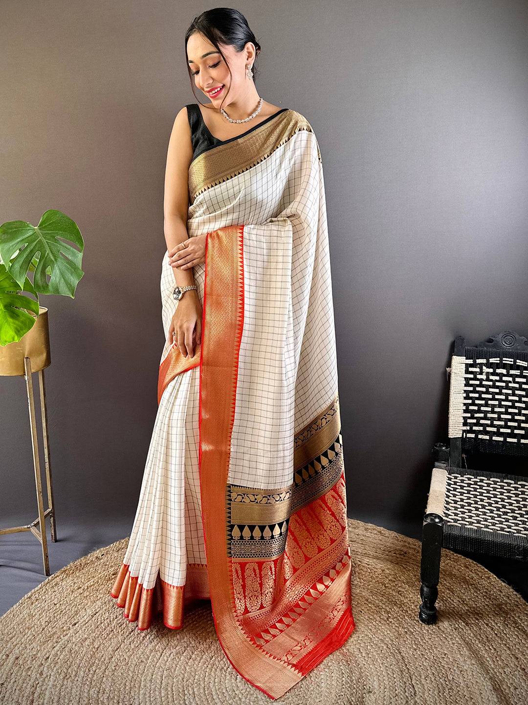 White Lily Viscose Dola Silk Saree