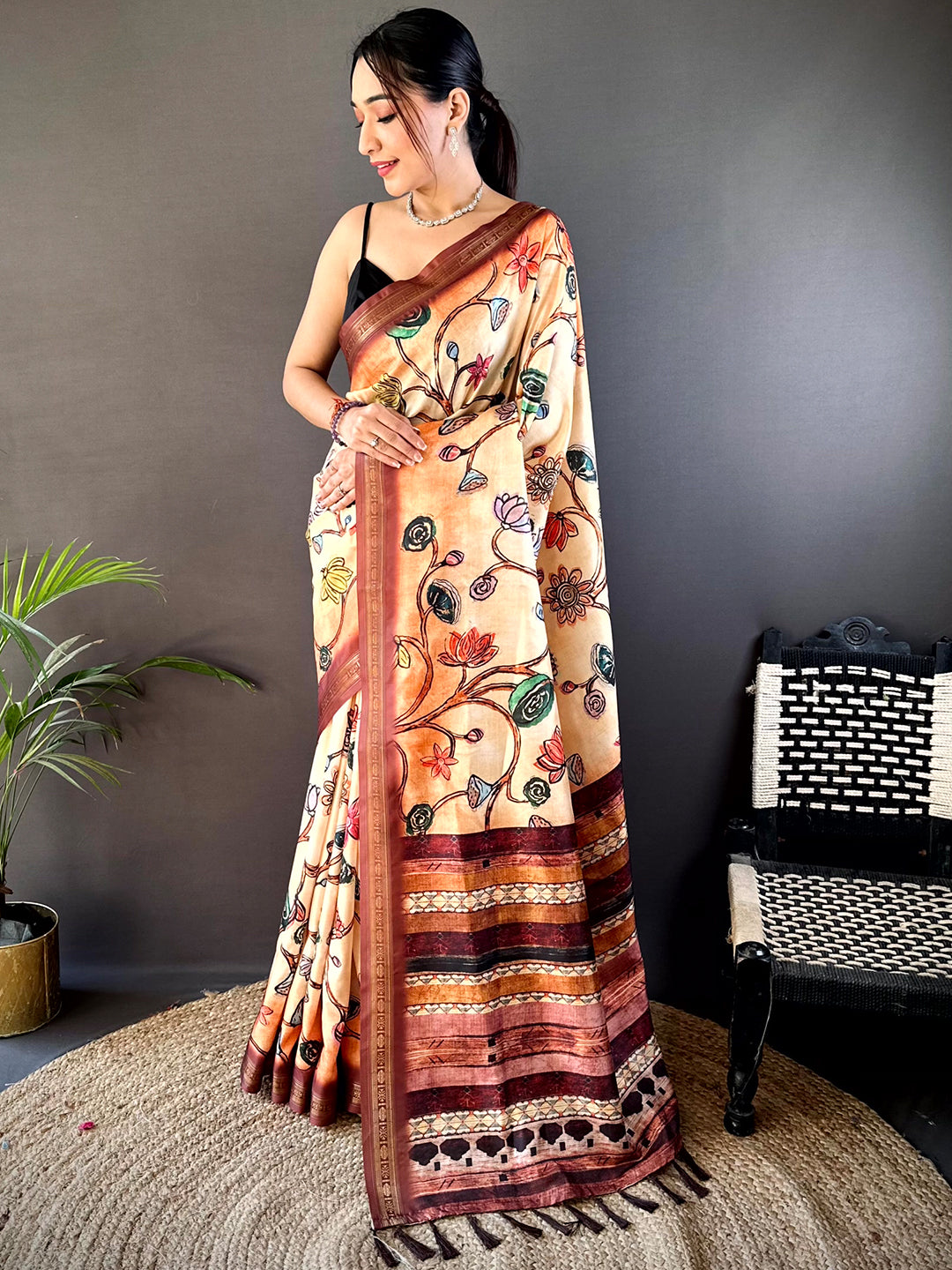 Peach Soft Silk Freehand Kalamkari Print Saree