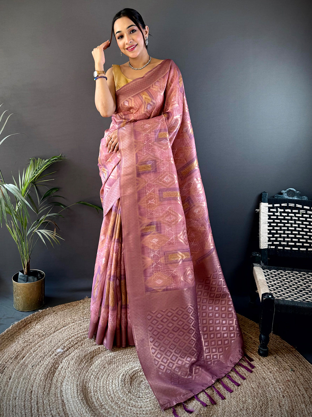 Shop Blush Pink Banarasi Silk Katan Geometric Saree featuring luxurious silk fabric and detailed geometric motifs for a regal look.