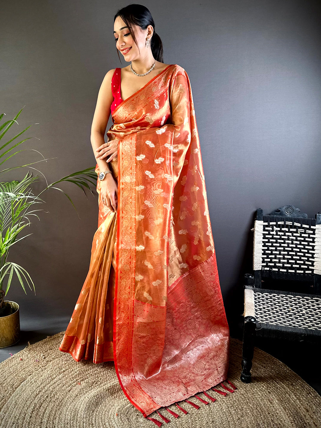 Vibrant Orange Kora Tissue Saree