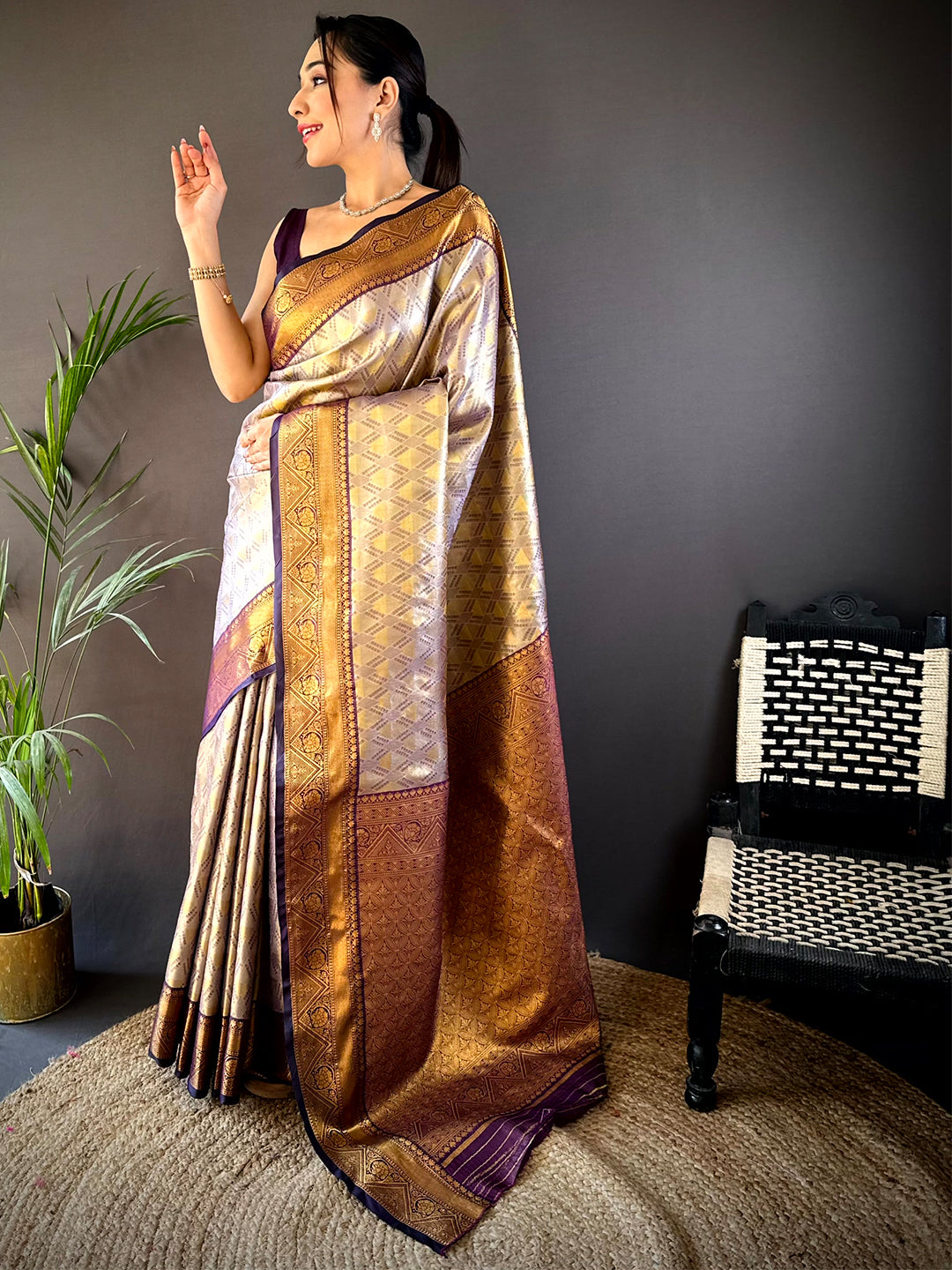 Wine Golden Geometrics With Floral Elegance Saree