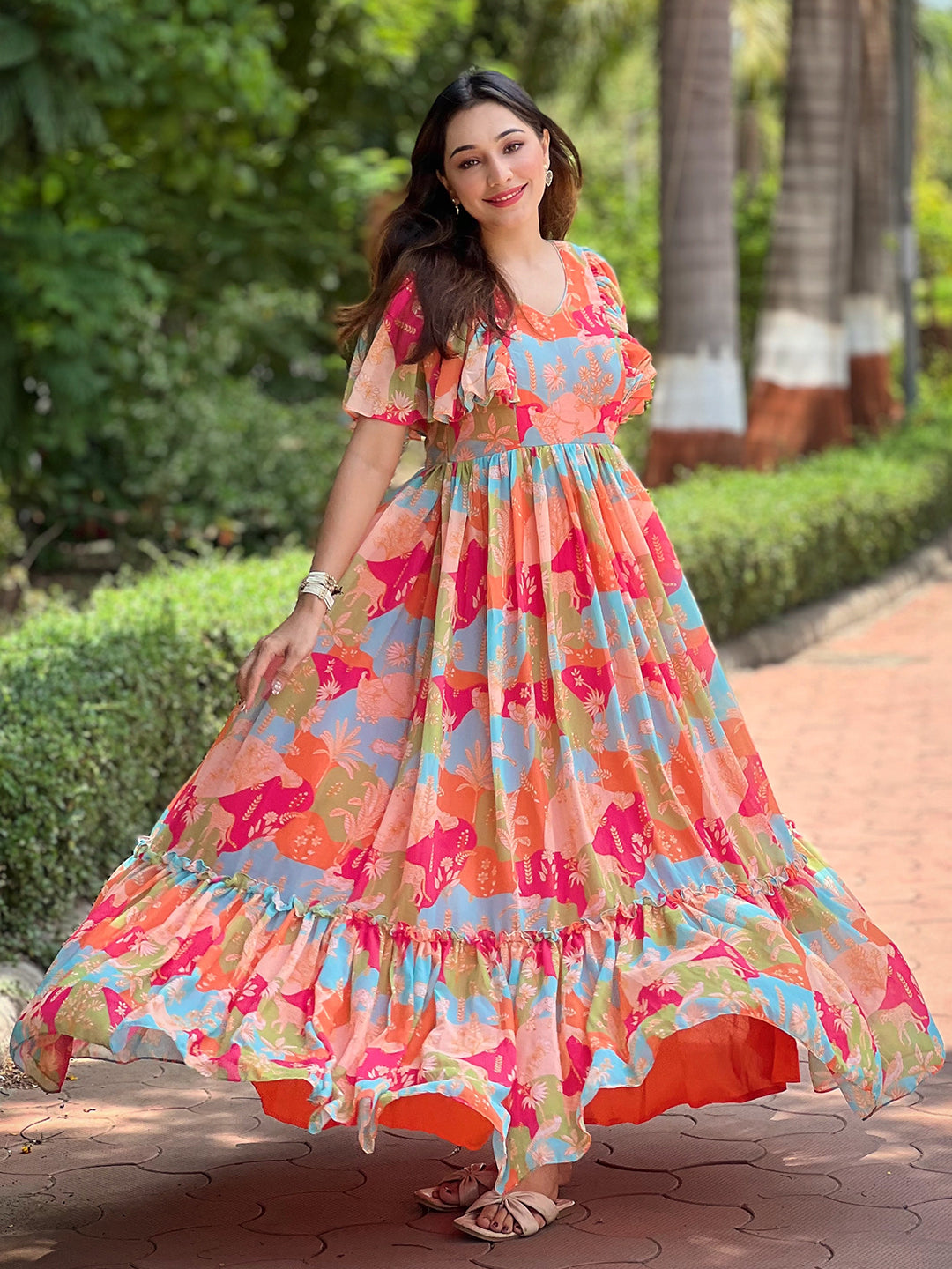 Floral Flared Multi Colour Flary Dress