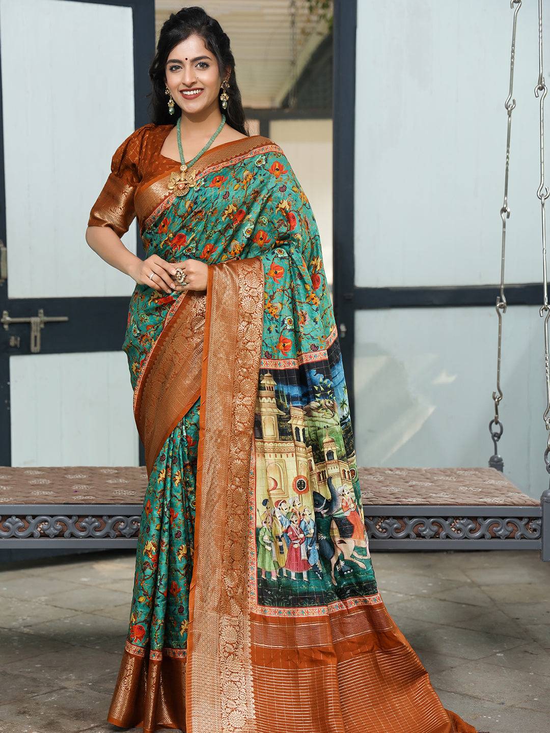 Turquoise Pure Viscose Dola Silk Saree With Mughal Motifs