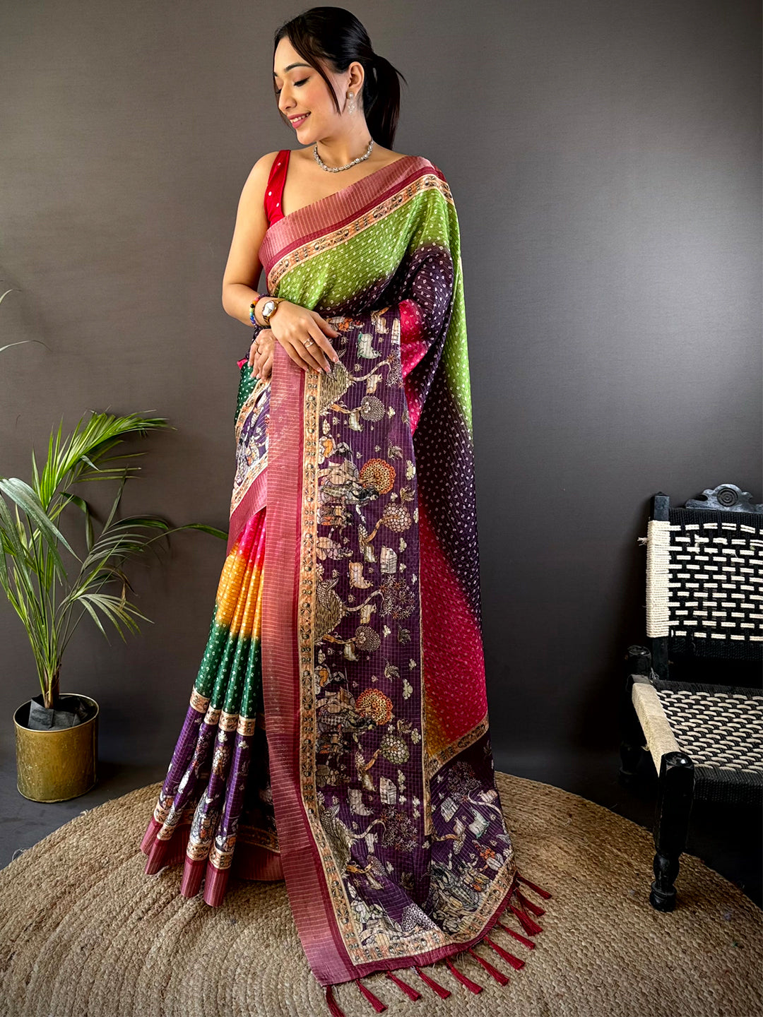 Shop Vibrant Silk Blend Bandhani Print Saree online, showcasing traditional Bandhani prints with elegant detailing, ideal for parties and celebrations.