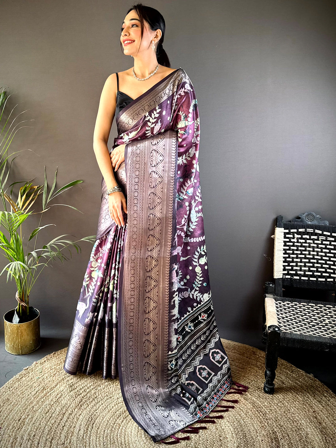 Lavender Floral Animal Batik Soft Silk Saree