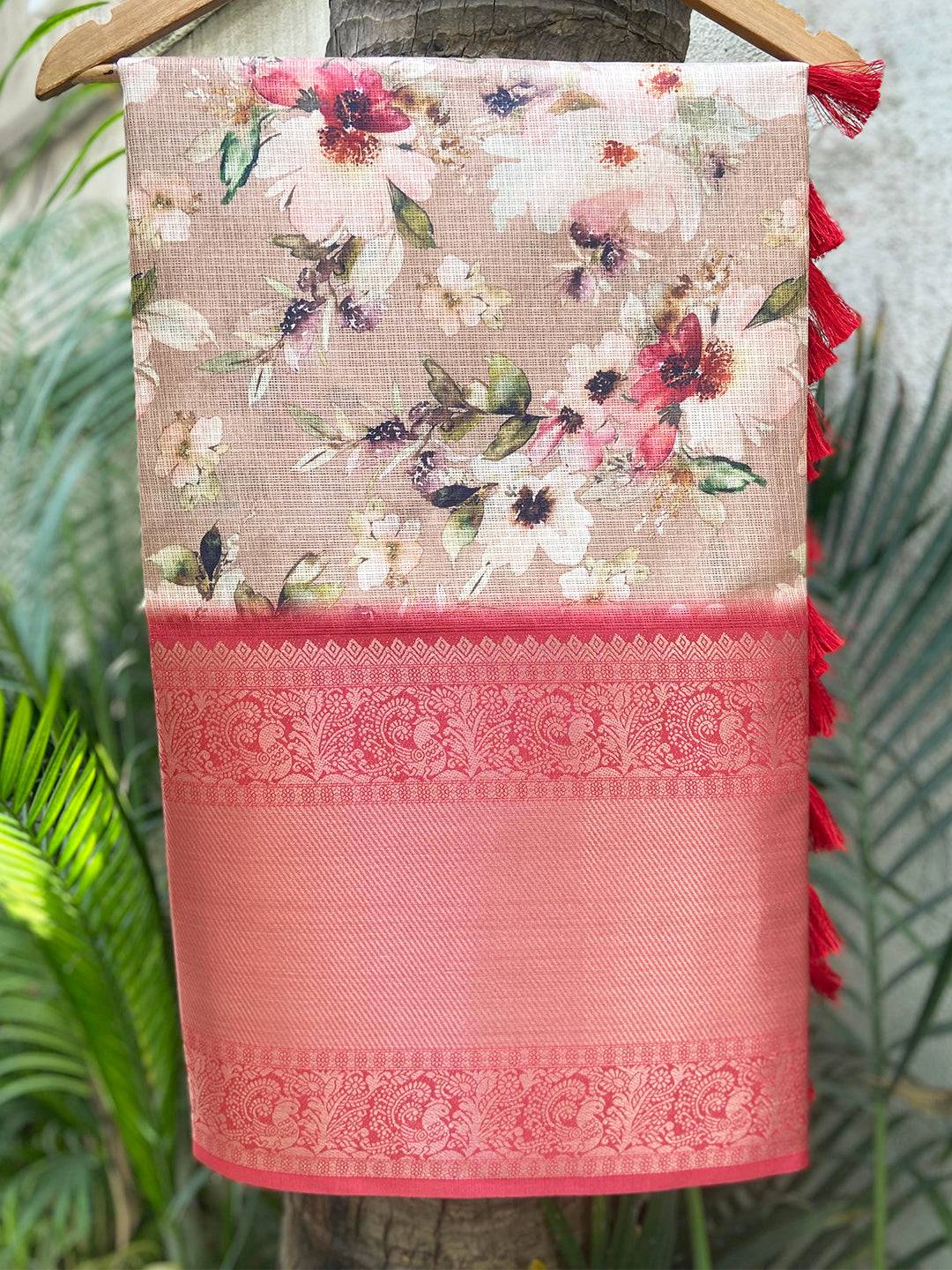 Floral print Kota Doriya saree with red Kanjivaram border