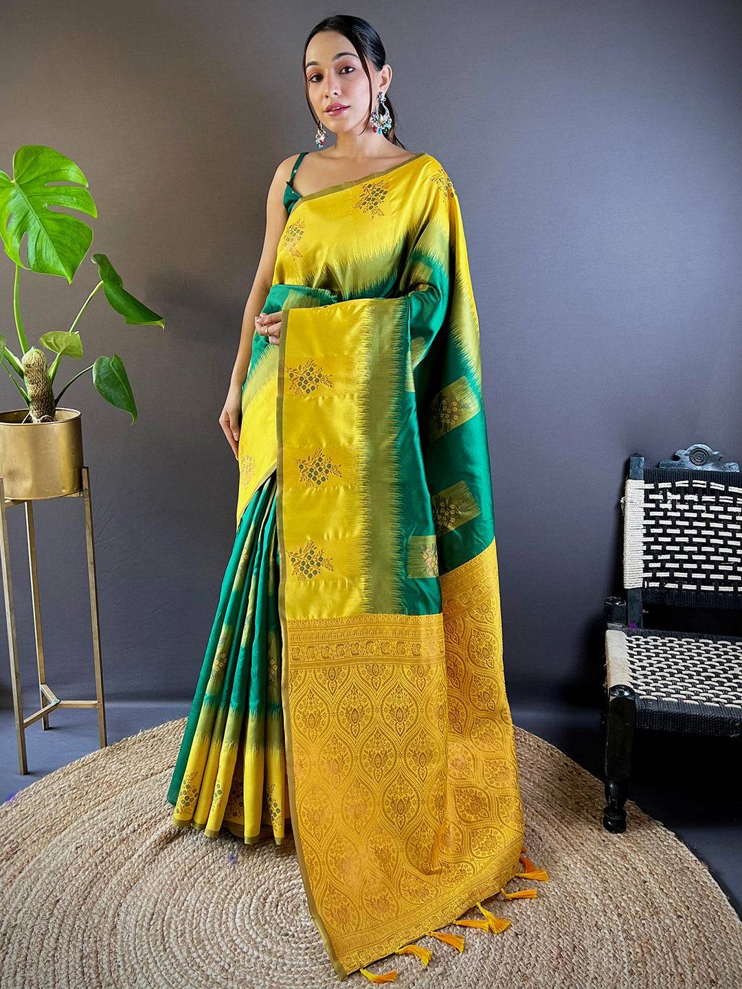 Full view of dark green Sami Banarasi Tussar silk saree