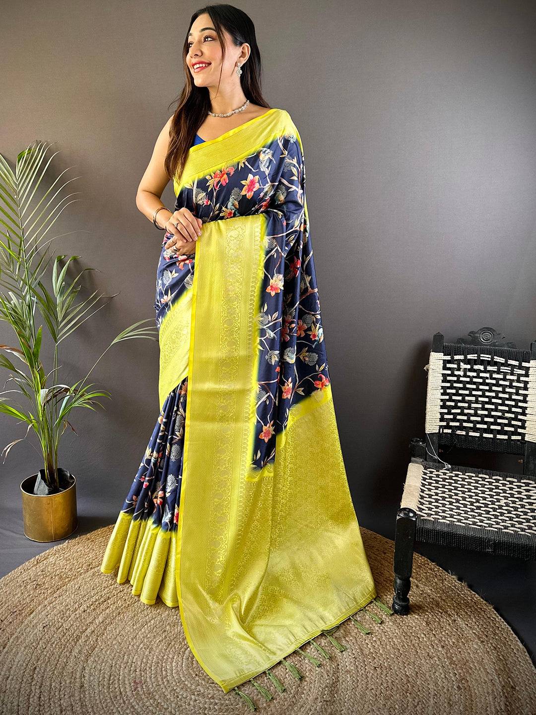 Navy Blue Floral Brids Print Saree