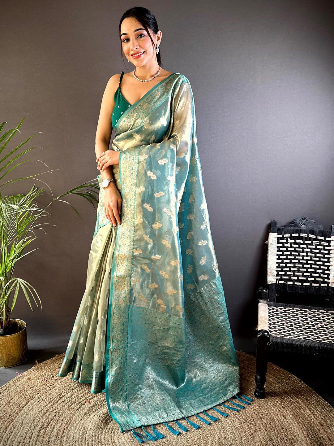 Elegant Teal Kora Tissue Saree