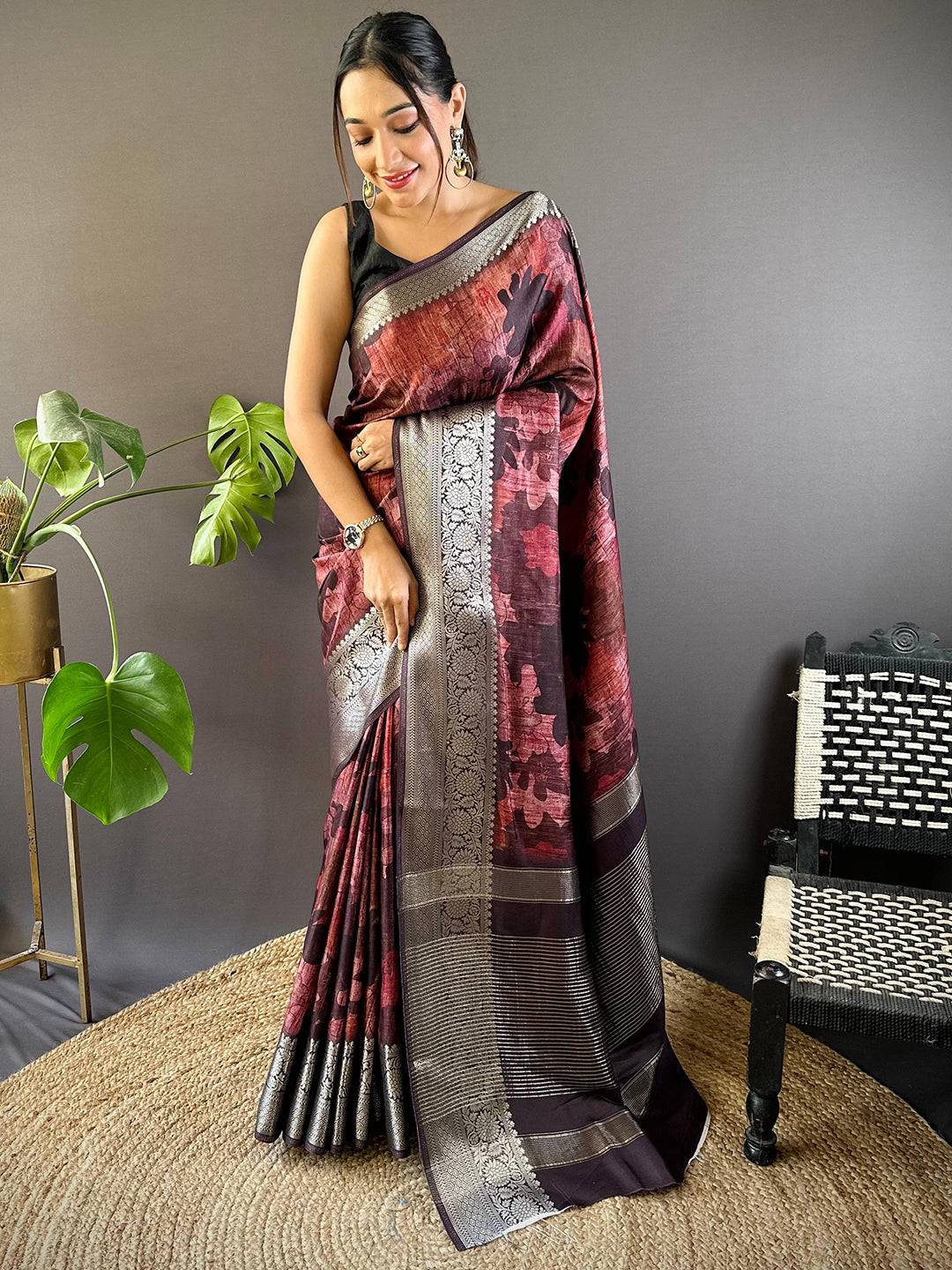 Maroon Zari Woven Floral Dola Silk Saree