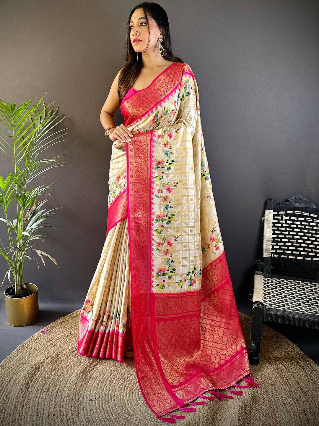 Pink Kovai Rettapet Border Digital Print Saree