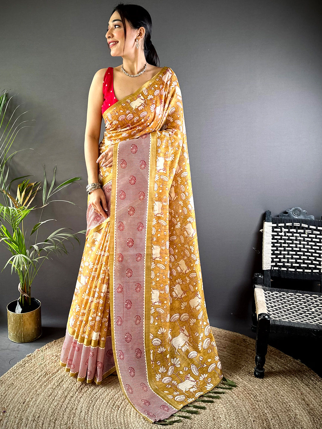 Yellow Chanderi Pichwai Digital Print Saree