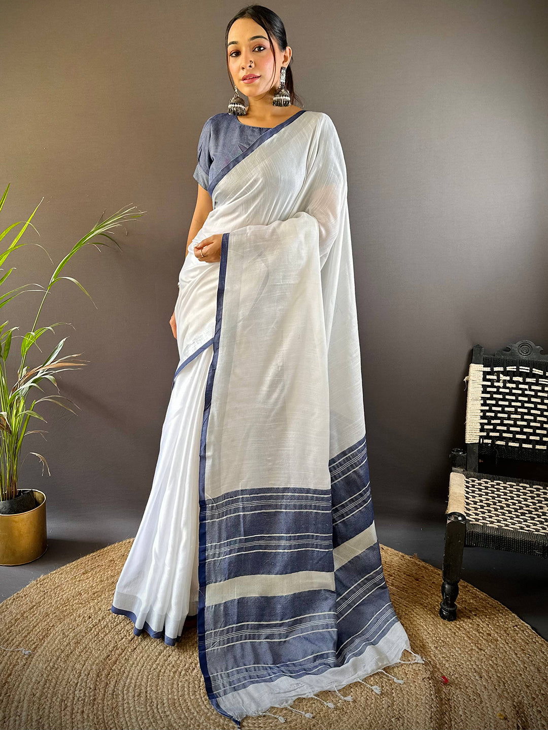 Bhagalpuri Linen Saree With Navy Colour Small Patti