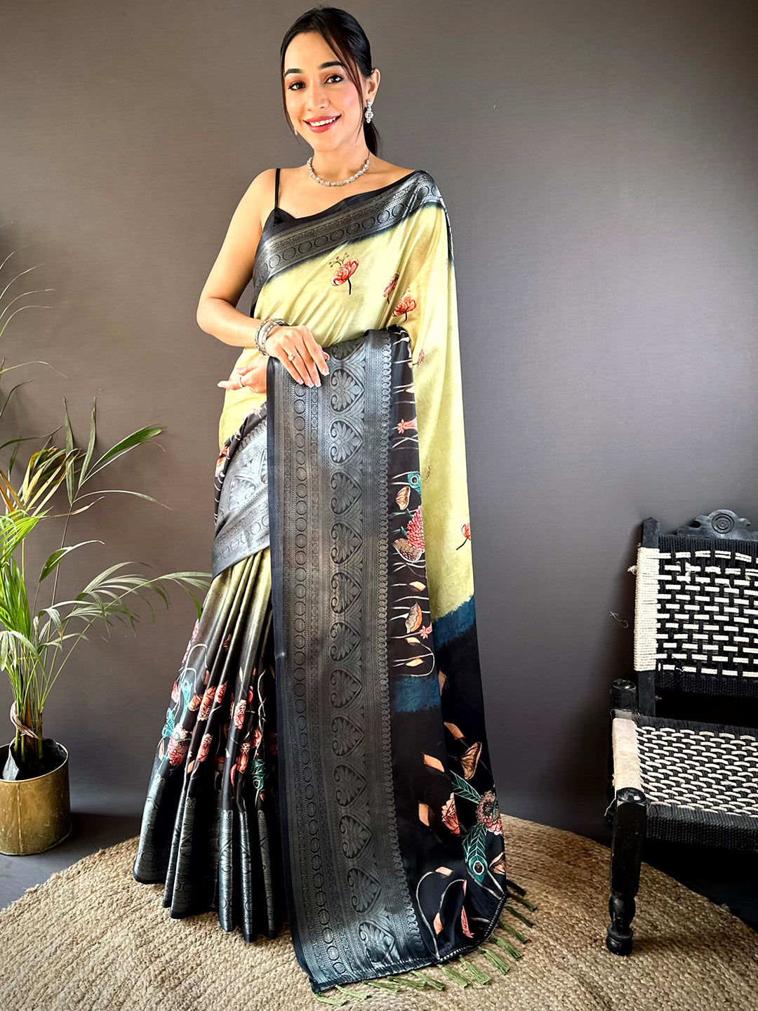 Pista Soft Silk Floral Ombre Print Saree