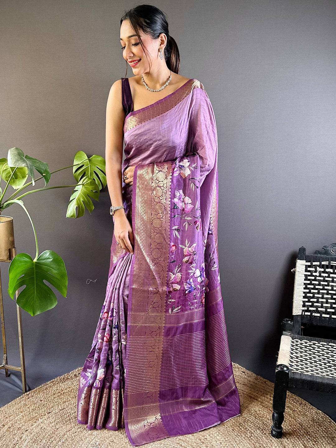 Lavender Floral Zari Chex Saree