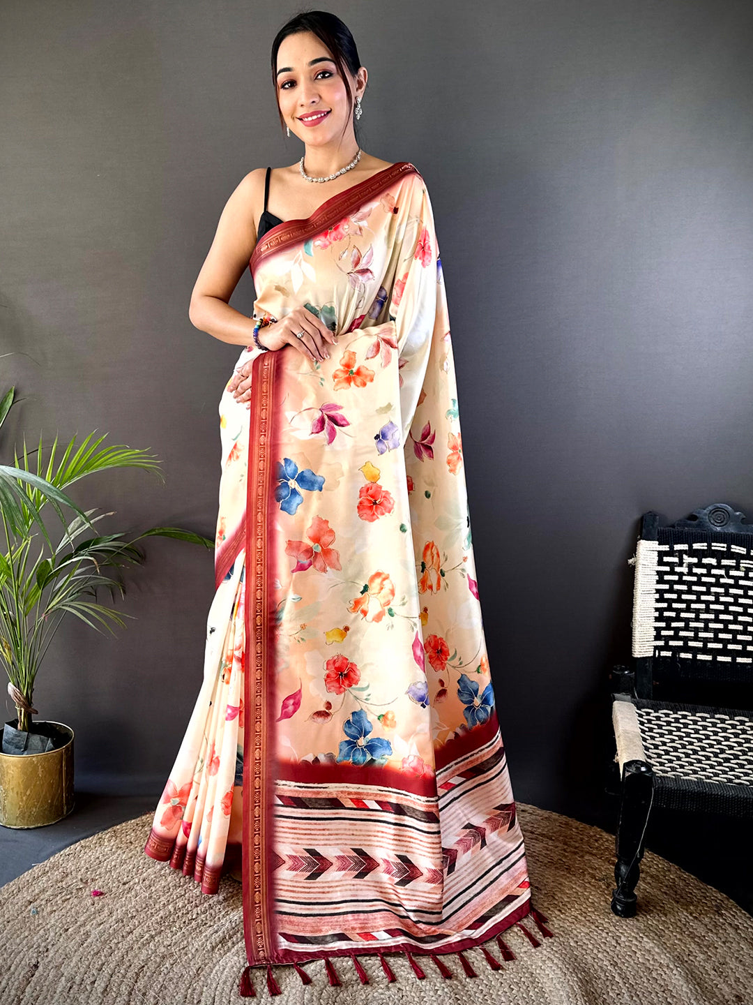 Peach Floral Digital Print Silk Saree