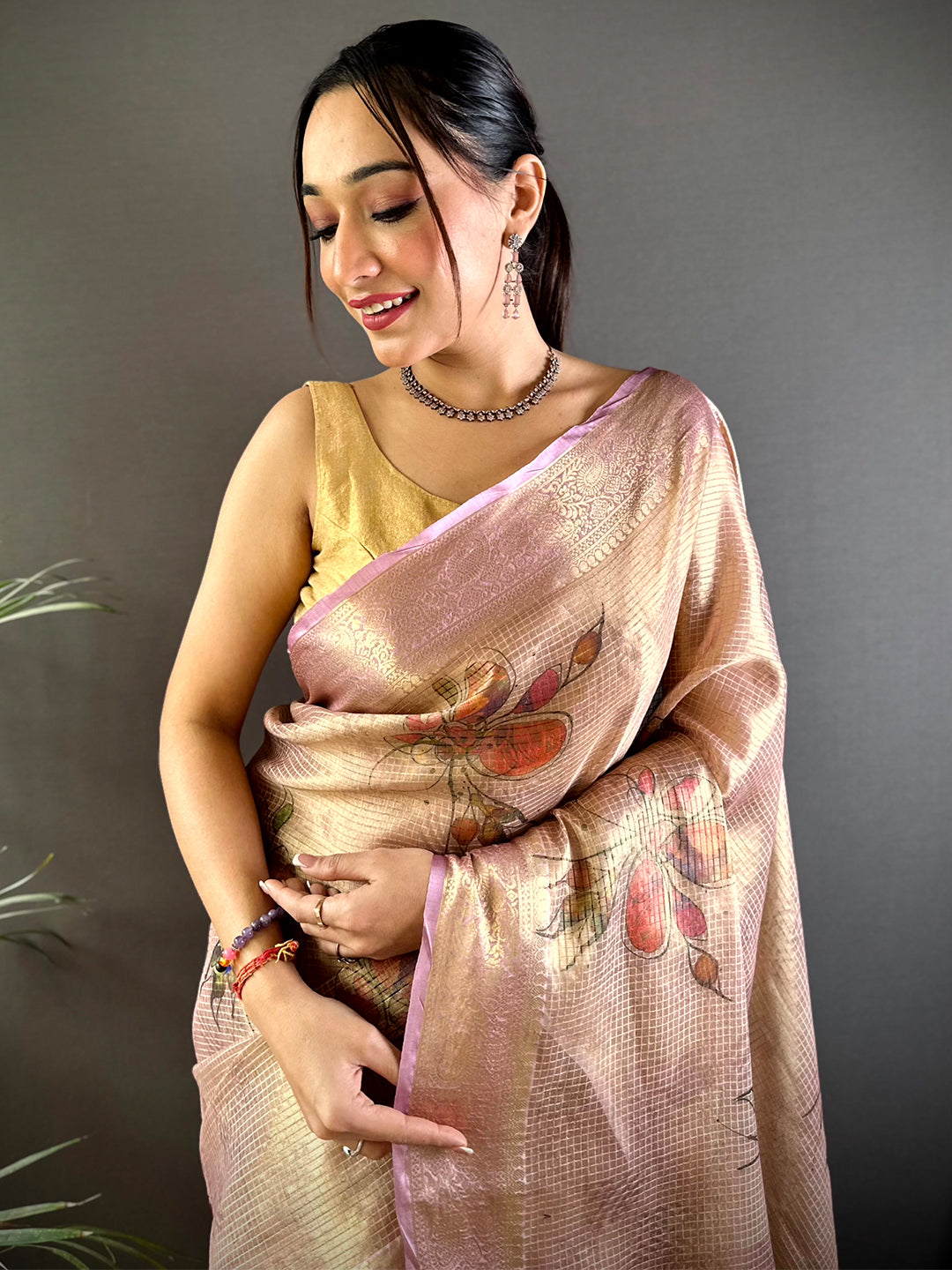 Stylish Wine Self Gold Zari Floral Print Saree