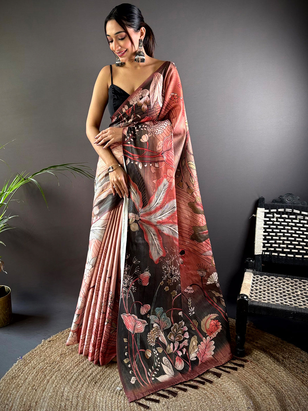 Rust Semi Gold Zari Botanical Tussar Saree