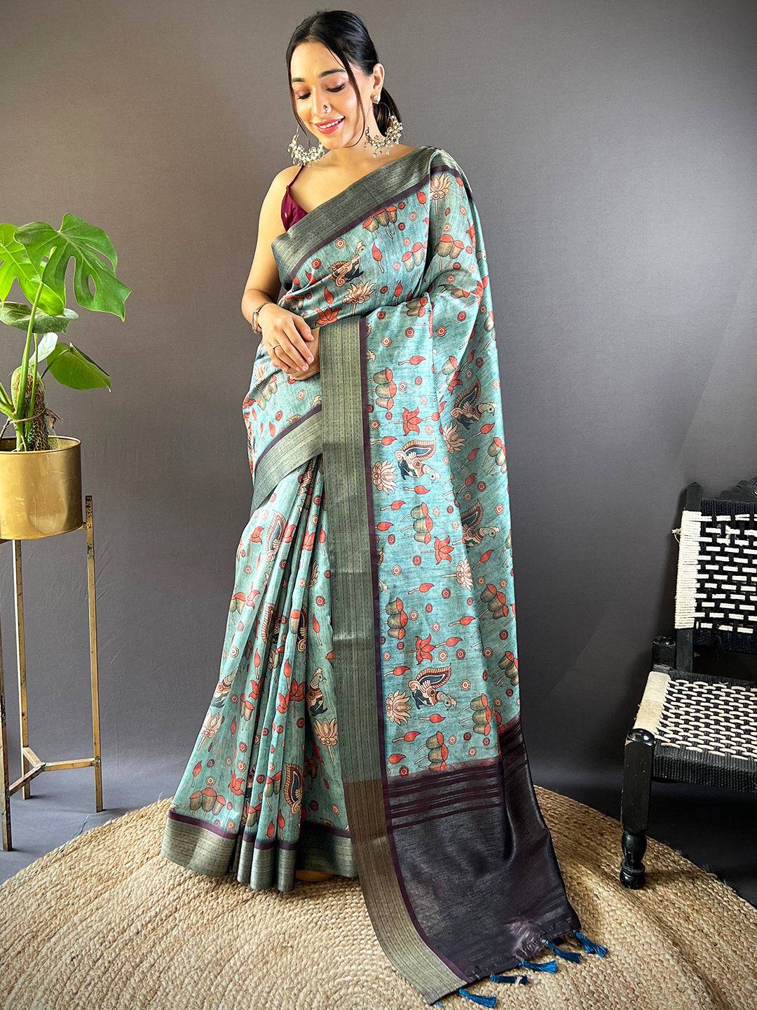 Sky Blue Kalamkari Tussar Silk Saree