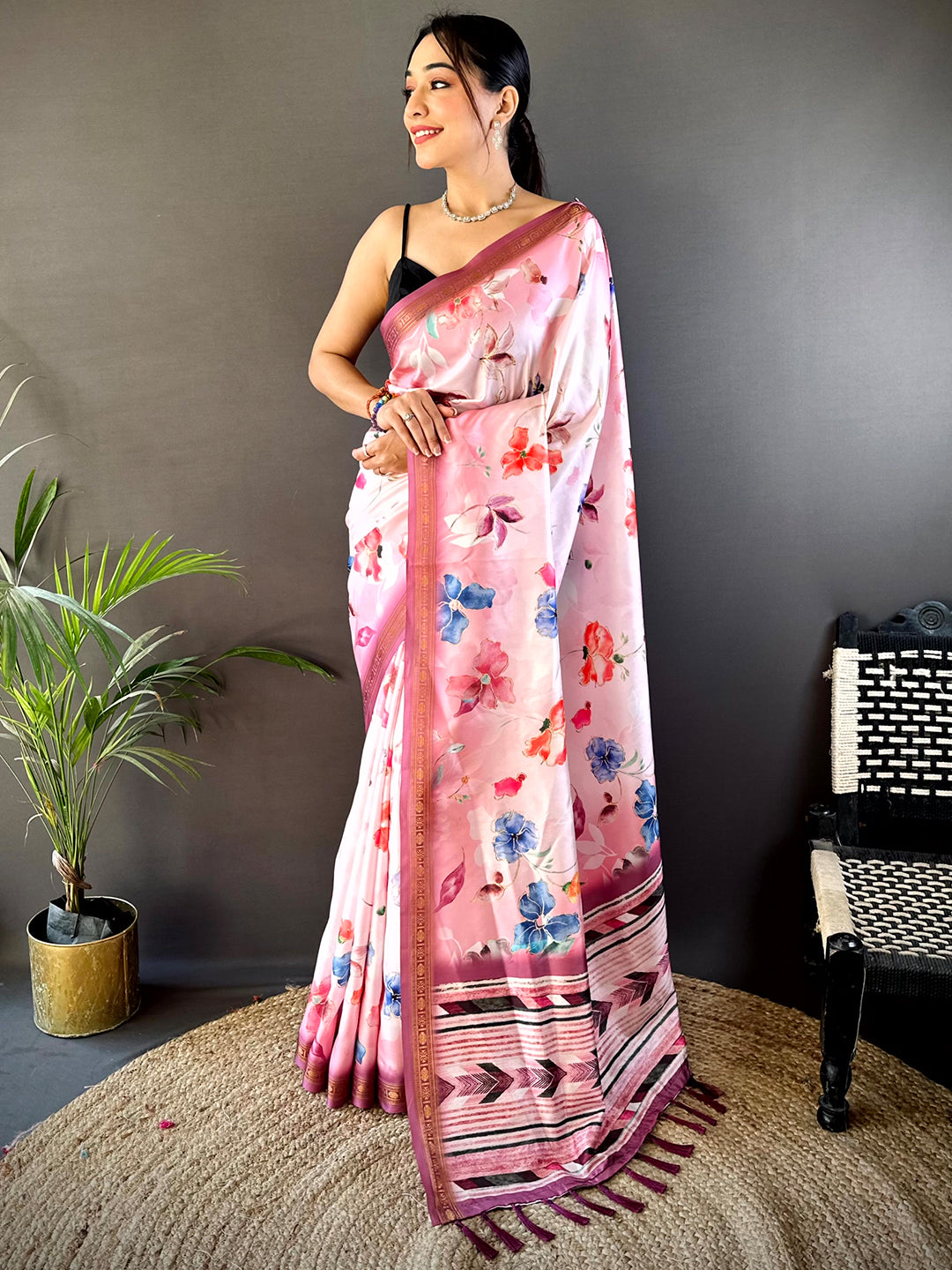 Blush Pink Floral Digital Print Silk Saree