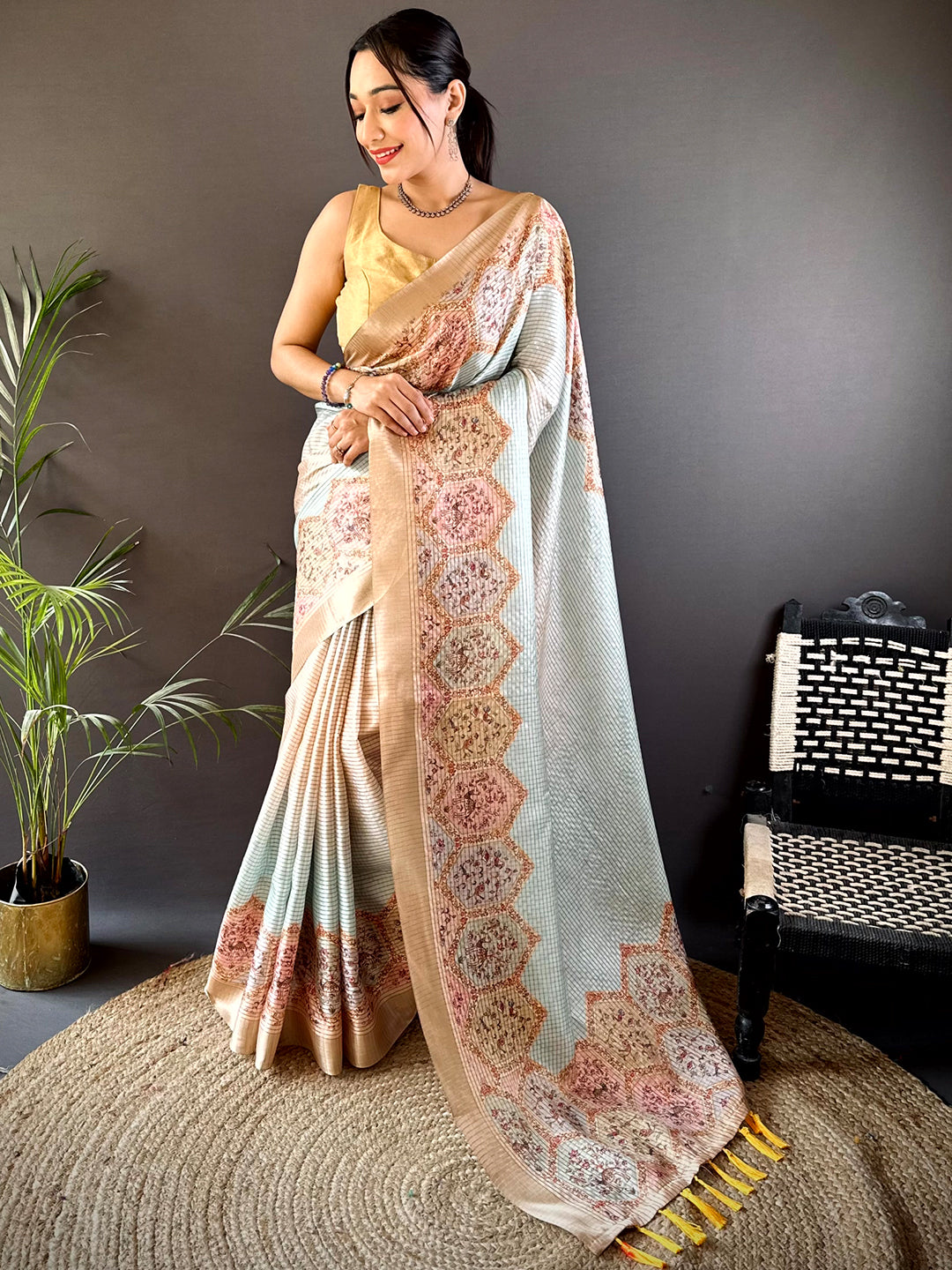 Beige Soft Silk Floral Digital Saree