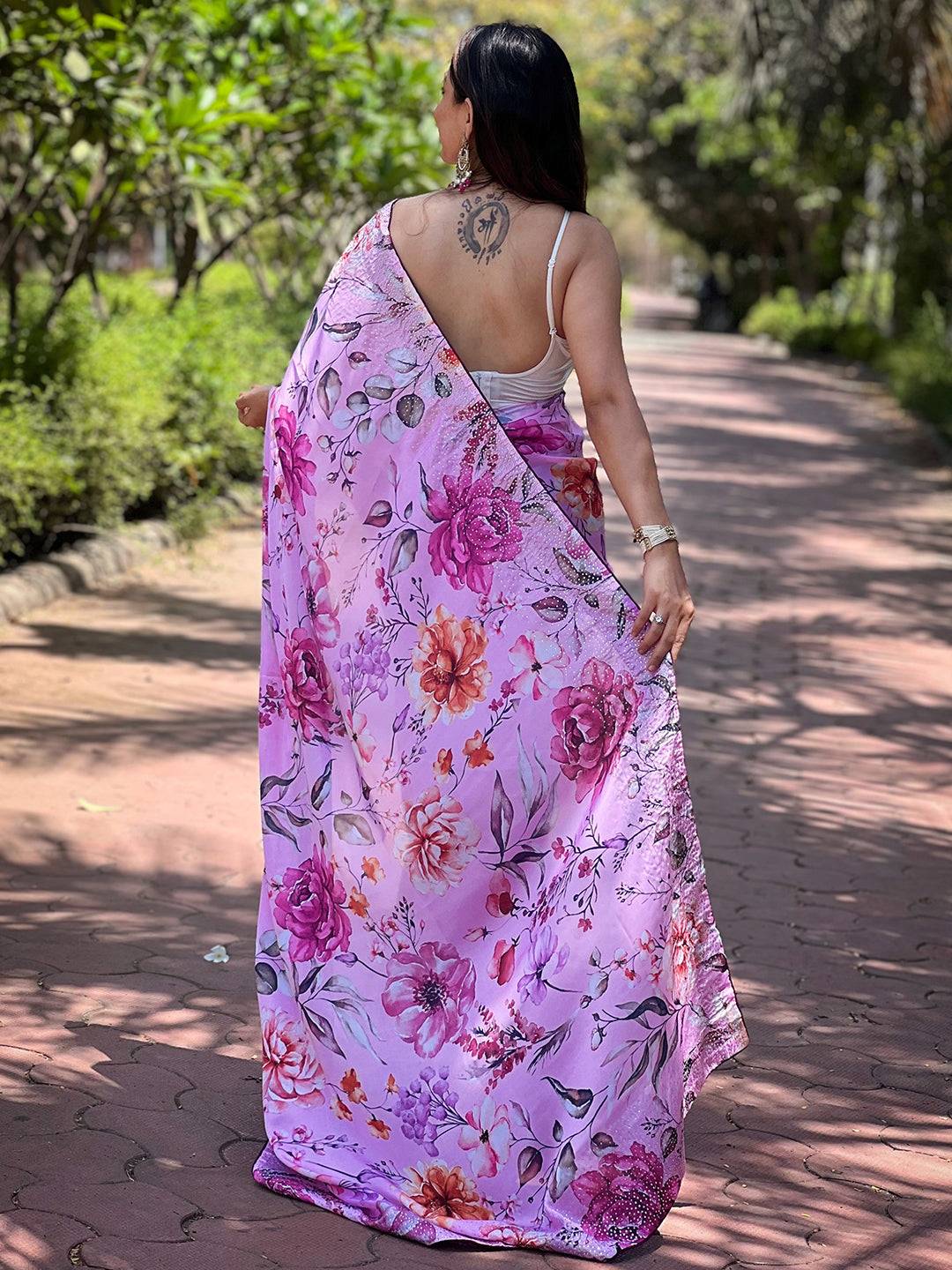 Back view of Satin Georgette Pink Floral Digital Print Saree