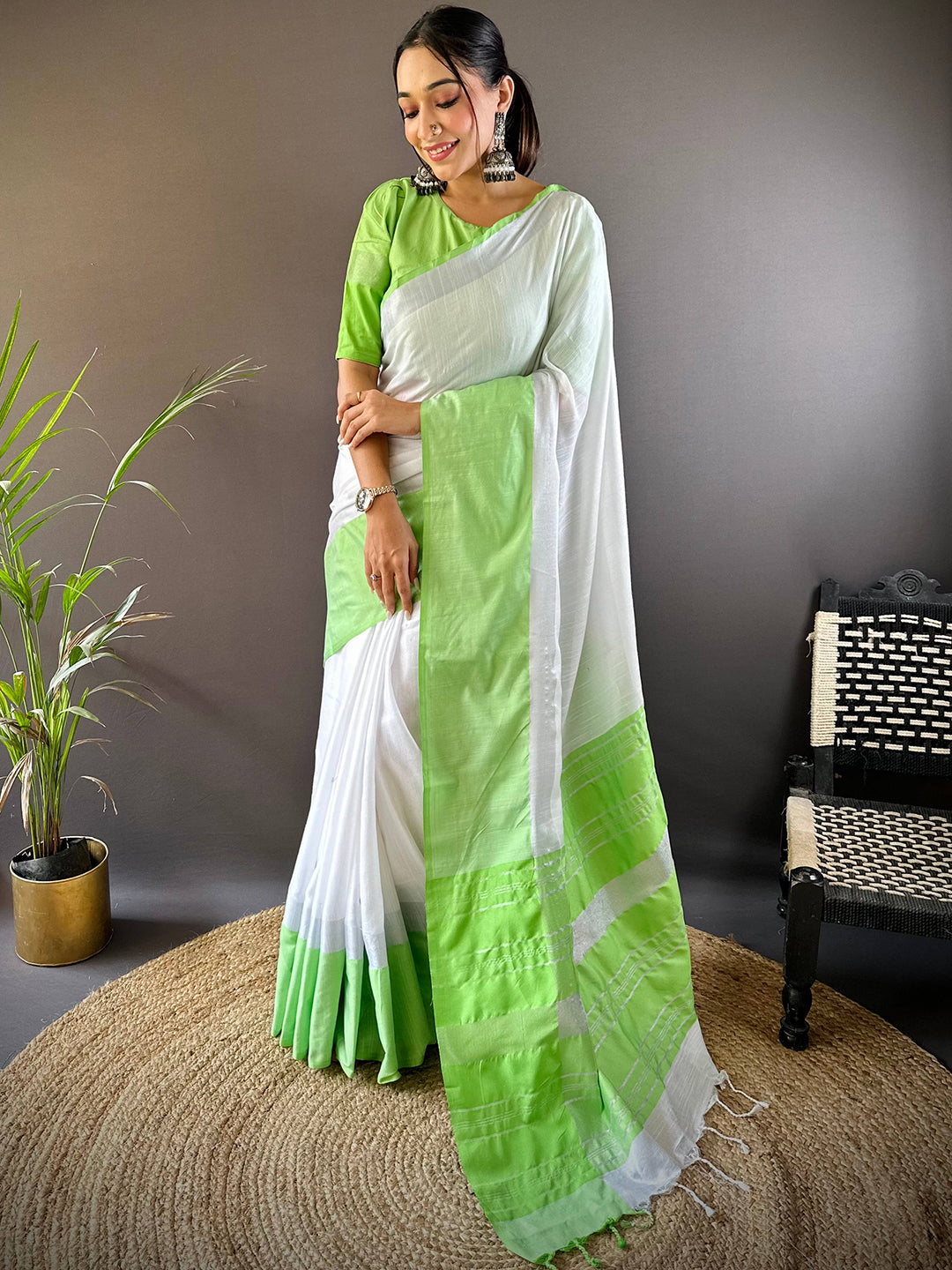 Bhagalpuri Linen Saree With Light Green Small Patti