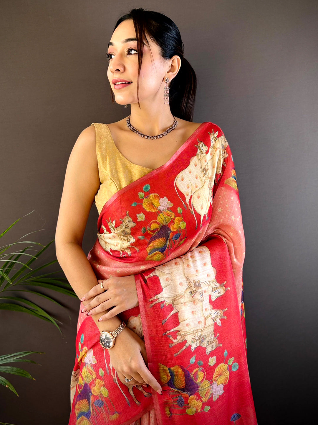 Red Chanderi Pichwai Print Saree