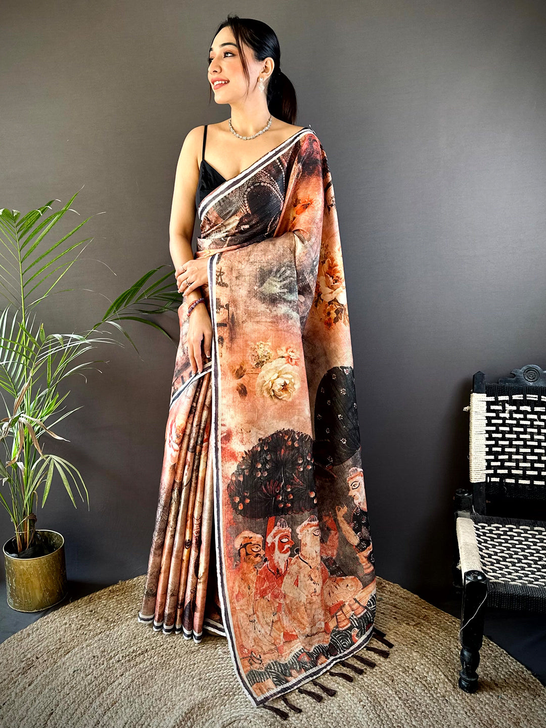 Peach Gold Zari Tussar Batik Print Saree