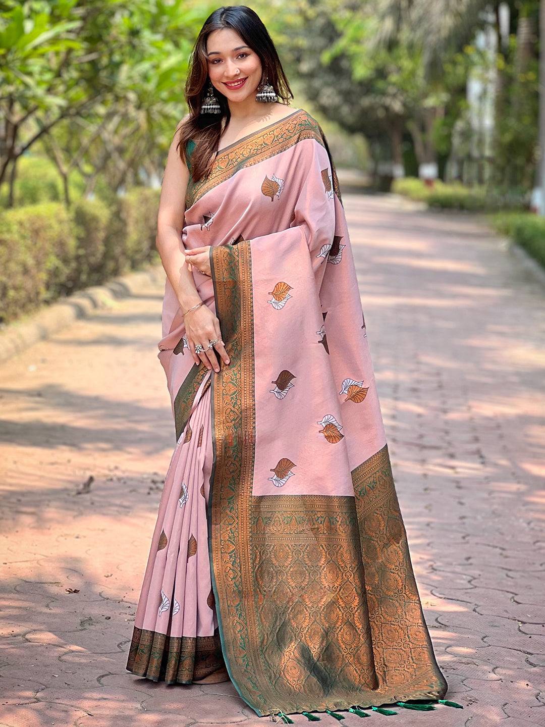 Light Pink Kanjivaram Tissue Saree With Gold Zari Weaving