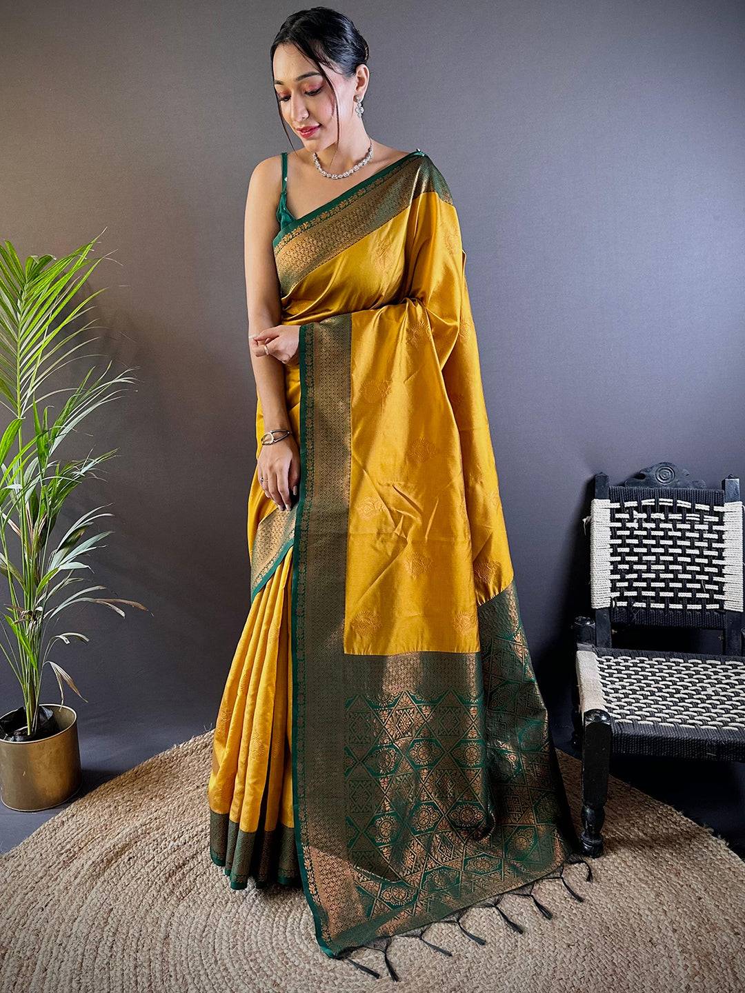 Elegant Yellow Silk Saree With Gold Zari Motifs