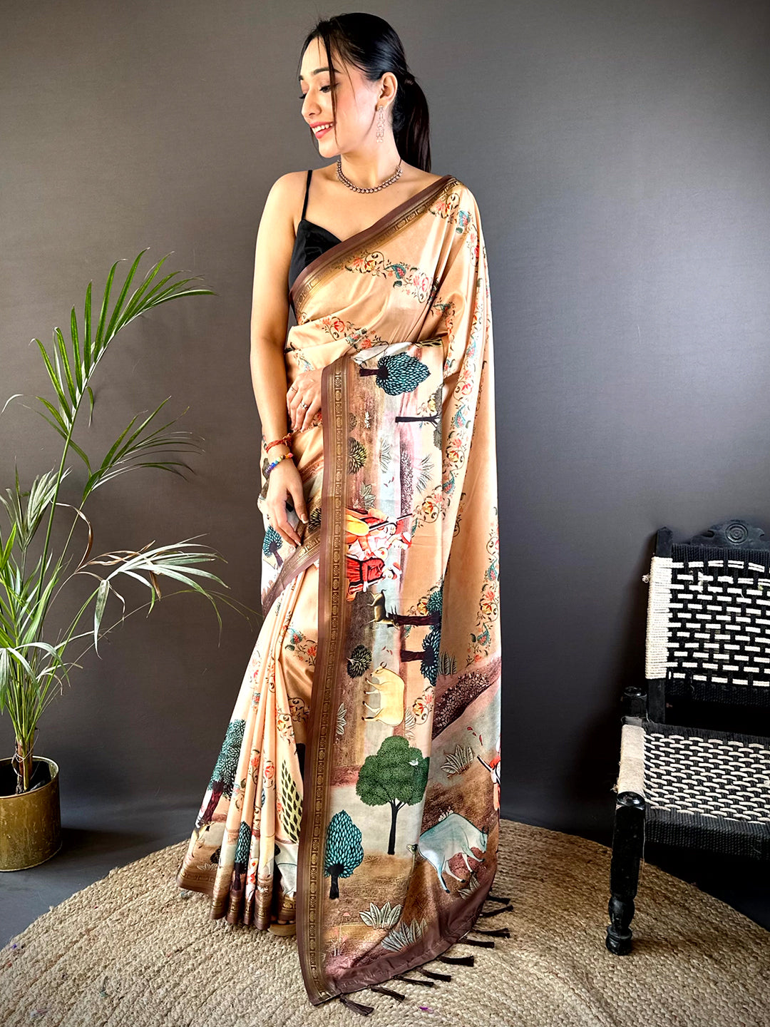 Peach Jungle Printed Silk Saree