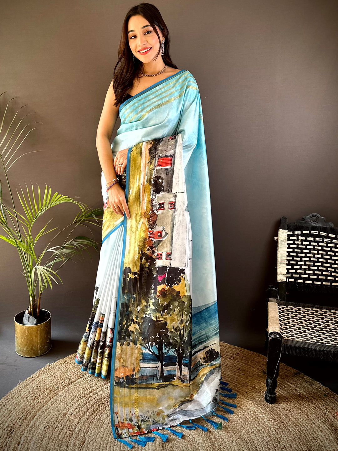 Sky Blue Japanese Freehand Digital Print Saree