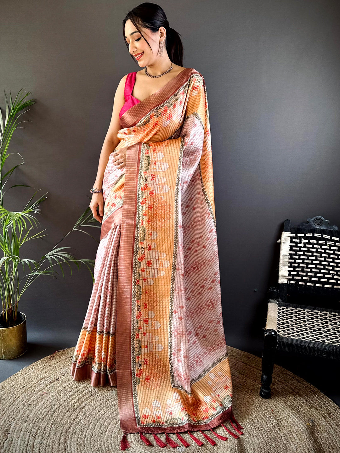 Graceful Beige Soft Silk Chex Saree